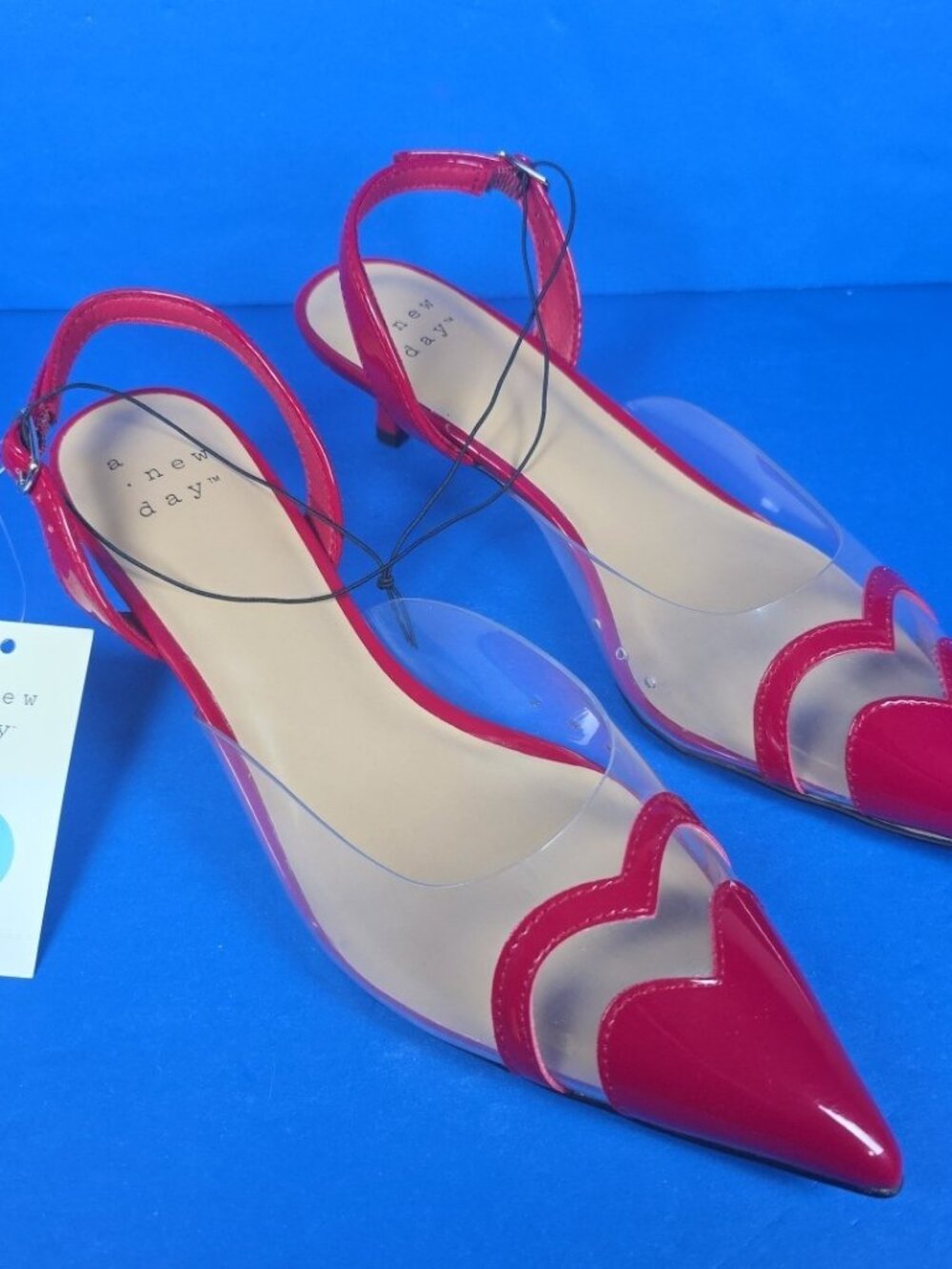A New Day Shoes Women Red Clear Pointed Toe Heel Eleanor Heart Detail Size 8